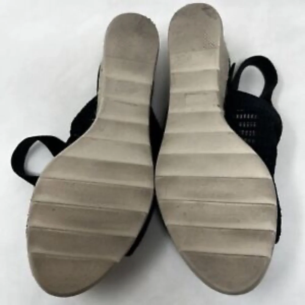 Eileen Fisher Winnie Black Leather Espadrille Wedge Sandal US 8